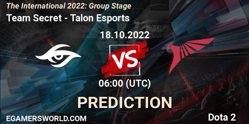 Pronóstico Team Secret - Talon Esports. 18.10.2022 at 07:05, Dota 2, The International 2022: Group Stage
