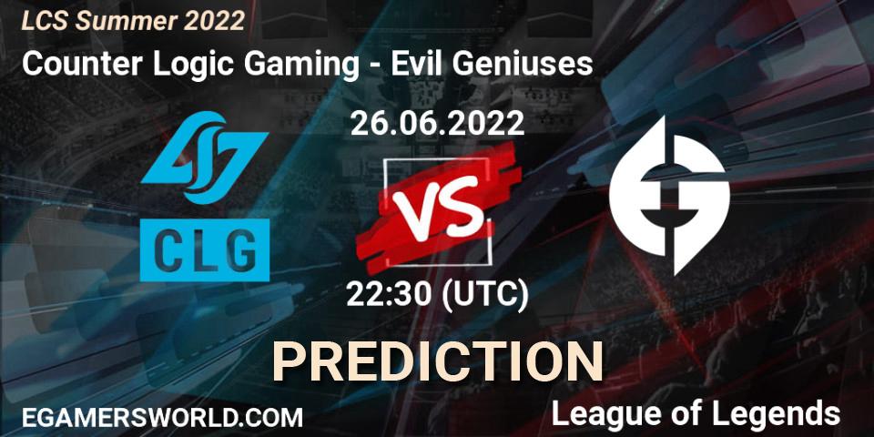 Pronóstico Counter Logic Gaming - Evil Geniuses. 26.06.22, LoL, LCS Summer 2022