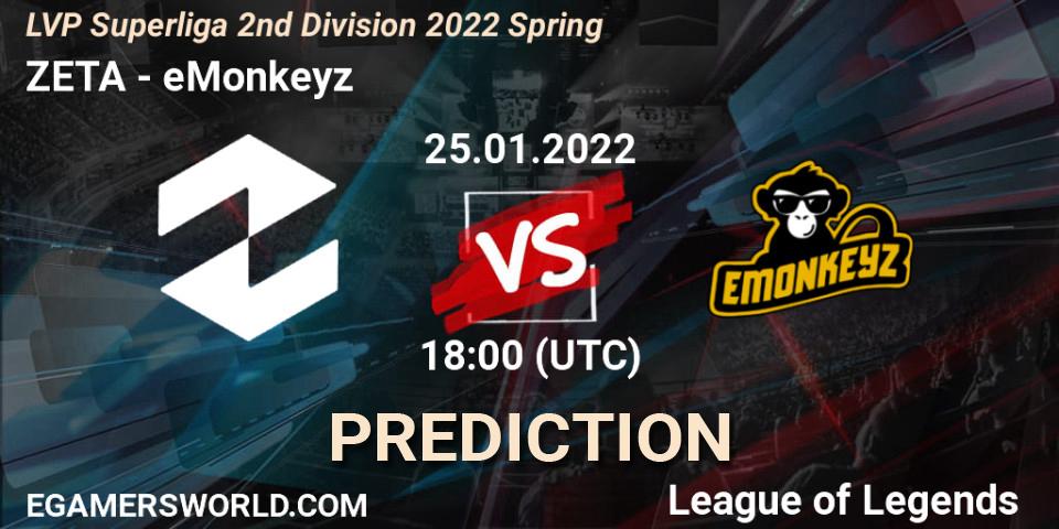 Pronóstico ZETA - eMonkeyz. 25.01.2022 at 17:00, LoL, LVP Superliga 2nd Division 2022 Spring
