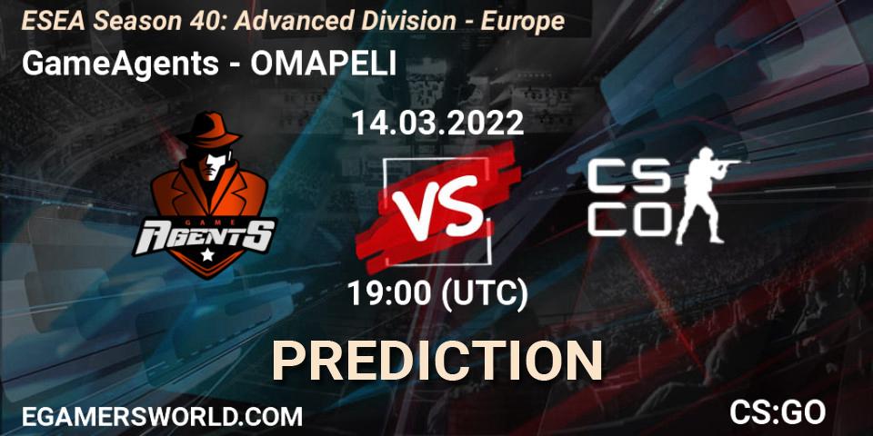 Pronóstico GameAgents - OMAPELI. 14.03.2022 at 19:00, Counter-Strike (CS2), ESEA Season 40: Advanced Division - Europe