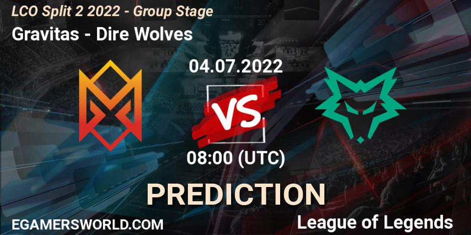 Pronóstico Gravitas - Dire Wolves. 04.07.2022 at 08:00, LoL, LCO Split 2 2022 - Group Stage