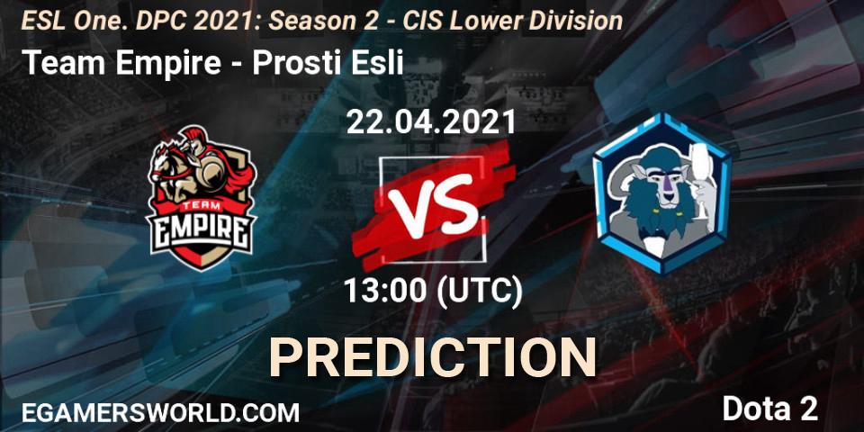 Pronóstico Team Empire - Prosti Esli. 22.04.2021 at 12:55, Dota 2, ESL One. DPC 2021: Season 2 - CIS Lower Division