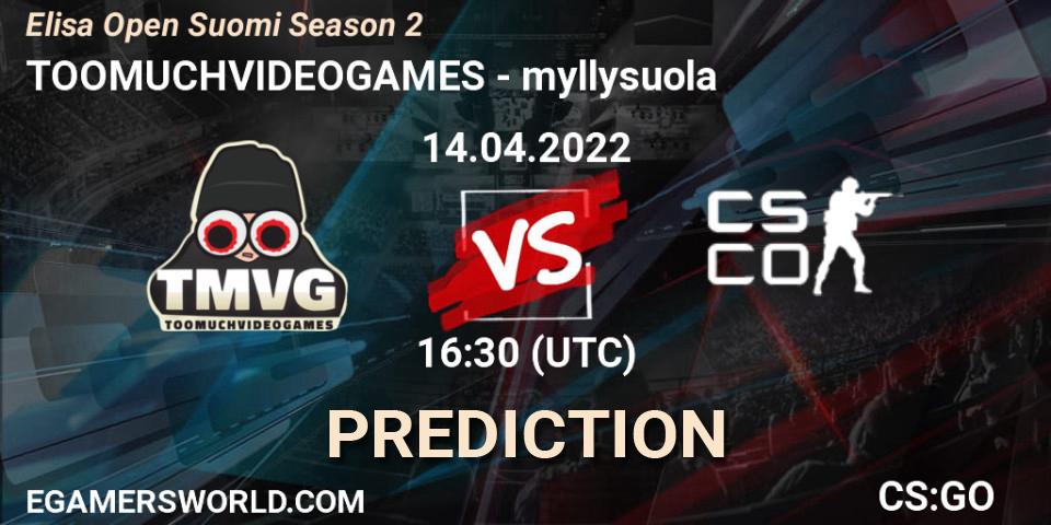 Pronóstico TOOMUCHVIDEOGAMES - myllysuola. 14.04.2022 at 16:30, Counter-Strike (CS2), Elisa Open Suomi Season 2