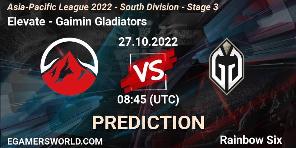 Pronóstico Elevate - Gaimin Gladiators. 27.10.2022 at 08:45, Rainbow Six, Asia-Pacific League 2022 - South Division - Stage 3