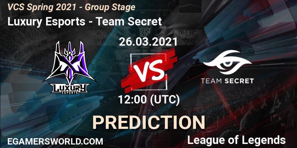 Pronóstico Luxury Esports - Team Secret. 26.03.2021 at 12:35, LoL, VCS Spring 2021 - Group Stage