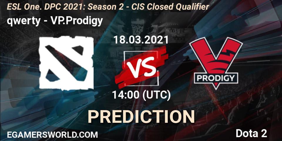 Pronóstico qwerty - VP.Prodigy. 18.03.2021 at 14:26, Dota 2, ESL One. DPC 2021: Season 2 - CIS Closed Qualifier