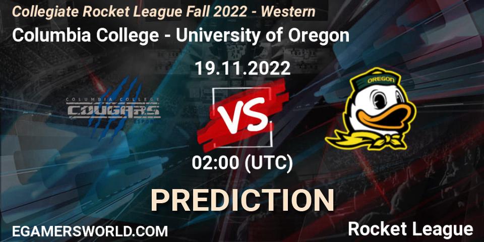 Pronóstico Columbia College - University of Oregon. 19.11.2022 at 02:00, Rocket League, Collegiate Rocket League Fall 2022 - Western