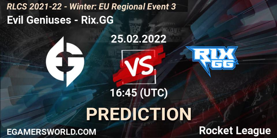 Pronóstico Evil Geniuses - Rix.GG. 25.02.2022 at 16:45, Rocket League, RLCS 2021-22 - Winter: EU Regional Event 3