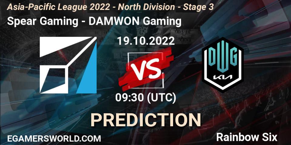 Pronóstico Spear Gaming - DAMWON Gaming. 19.10.2022 at 09:30, Rainbow Six, Asia-Pacific League 2022 - North Division - Stage 3