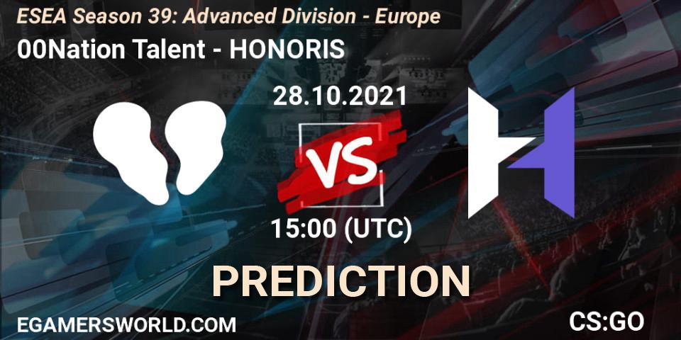 Pronóstico 00Nation Talent - HONORIS. 28.10.2021 at 15:00, Counter-Strike (CS2), ESEA Season 39: Advanced Division - Europe