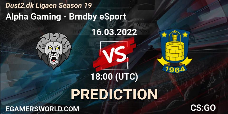 Pronóstico Alpha Gaming - Brøndby eSport. 16.03.2022 at 18:00, Counter-Strike (CS2), Dust2.dk Ligaen Season 19