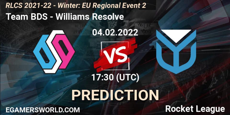 Pronóstico Team BDS - Williams Resolve. 04.02.2022 at 17:30, Rocket League, RLCS 2021-22 - Winter: EU Regional Event 2