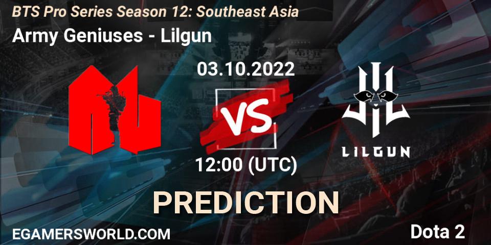 Pronóstico Army Geniuses - Lilgun. 03.10.22, Dota 2, BTS Pro Series Season 12: Southeast Asia
