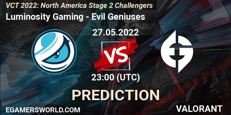 Pronóstico Luminosity Gaming - Evil Geniuses. 27.05.2022 at 22:40, VALORANT, VCT 2022: North America Stage 2 Challengers