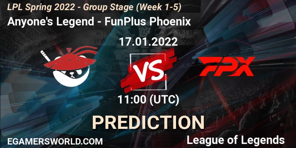 Pronóstico Anyone's Legend - FunPlus Phoenix. 17.01.2022 at 11:30, LoL, LPL Spring 2022 - Group Stage (Week 1-5)