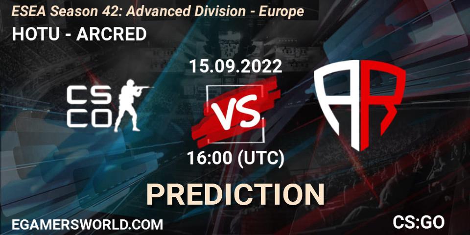 Pronóstico HOTU - ARCRED. 15.09.2022 at 16:00, Counter-Strike (CS2), ESEA Season 42: Advanced Division - Europe
