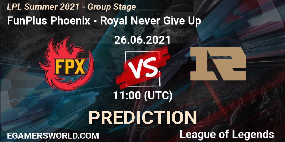 Pronóstico FunPlus Phoenix - Royal Never Give Up. 26.06.2021 at 11:00, LoL, LPL Summer 2021 - Group Stage