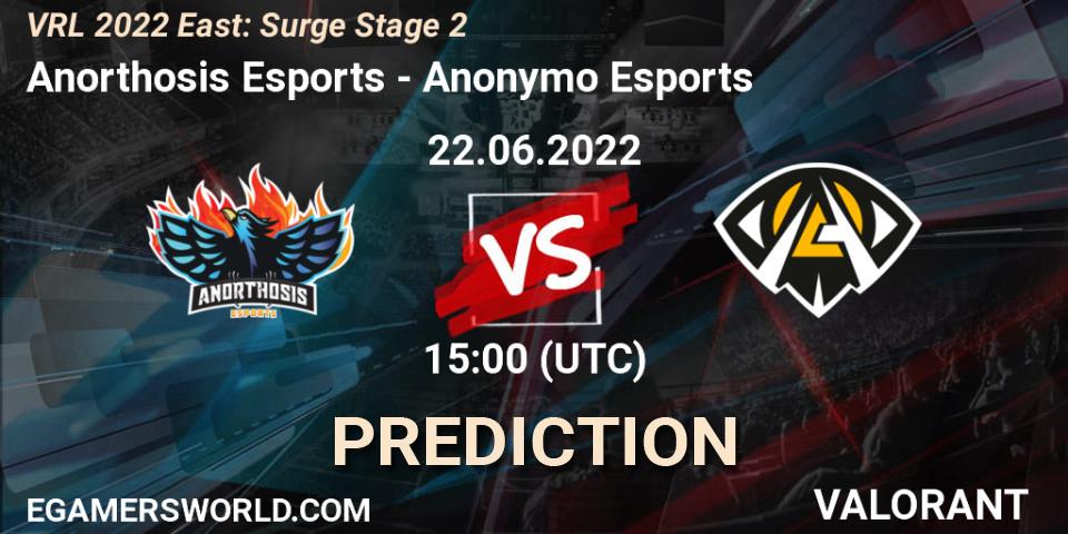 Pronóstico Anorthosis Esports - Anonymo Esports. 22.06.2022 at 15:00, VALORANT, VRL 2022 East: Surge Stage 2