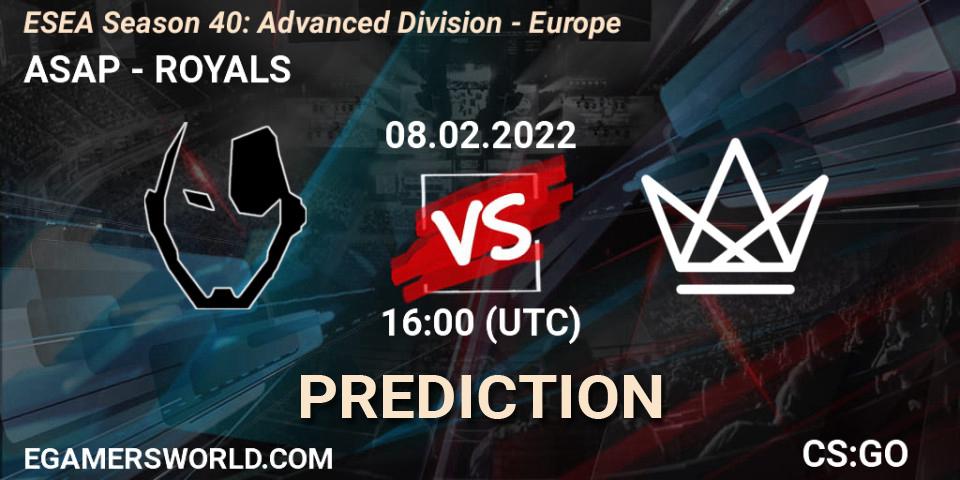Pronóstico ASAP - ROYALS. 08.02.2022 at 16:00, Counter-Strike (CS2), ESEA Season 40: Advanced Division - Europe