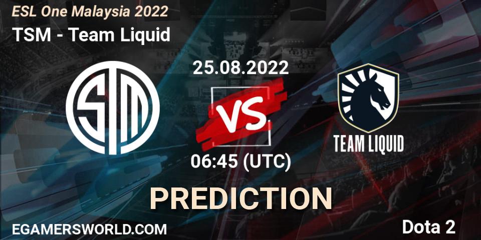 Pronóstico TSM - Team Liquid. 25.08.2022 at 06:57, Dota 2, ESL One Malaysia 2022