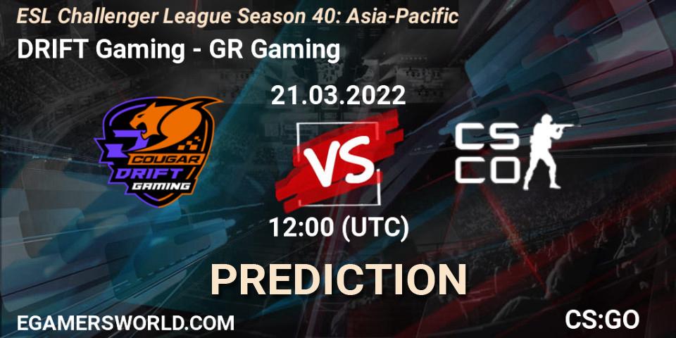 Pronóstico DRIFT Gaming - GR Gaming. 21.03.2022 at 12:00, Counter-Strike (CS2), ESL Challenger League Season 40: Asia-Pacific