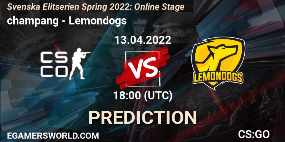 Pronóstico champang - Lemondogs. 13.04.2022 at 18:00, Counter-Strike (CS2), Svenska Elitserien Spring 2022: Online Stage