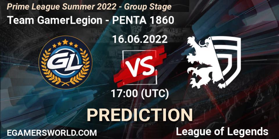 Pronóstico Team GamerLegion - PENTA 1860. 16.06.2022 at 17:00, LoL, Prime League Summer 2022 - Group Stage