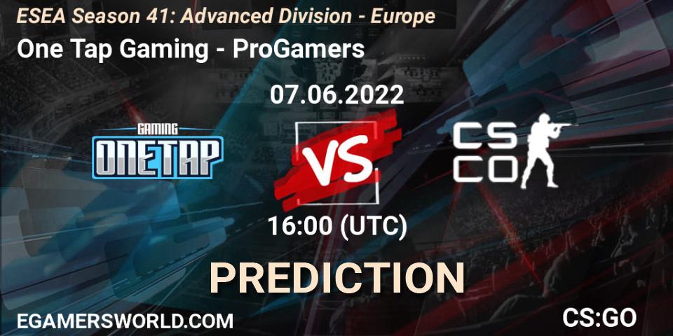 Pronóstico One Tap Gaming - ProGamers. 07.06.2022 at 16:00, Counter-Strike (CS2), ESEA Season 41: Advanced Division - Europe