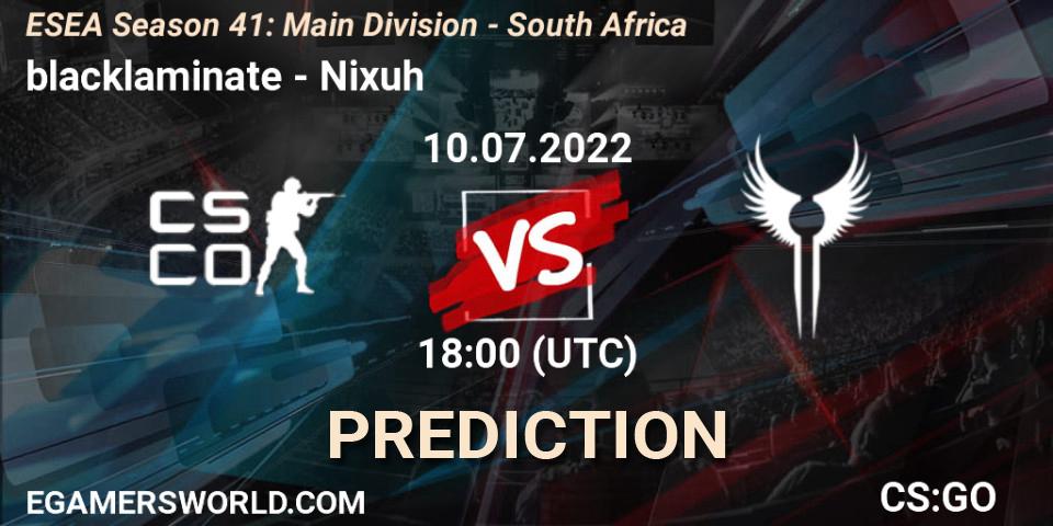 Pronóstico blacklaminate - Nixuh. 10.07.2022 at 18:00, Counter-Strike (CS2), ESEA Season 41: Main Division - South Africa