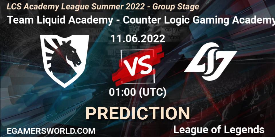 Pronóstico Team Liquid Academy - Counter Logic Gaming Academy. 11.06.2022 at 00:00, LoL, LCS Academy League Summer 2022 - Group Stage