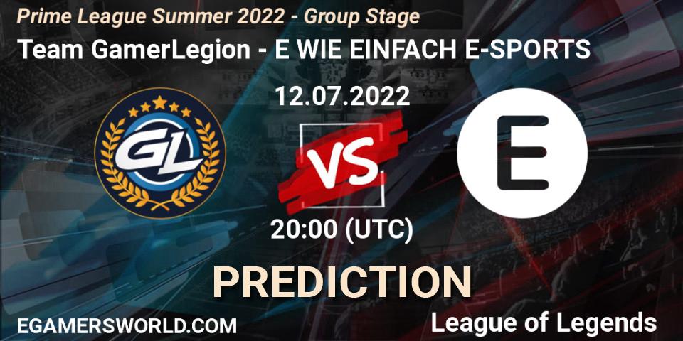 Pronóstico Team GamerLegion - E WIE EINFACH E-SPORTS. 12.07.2022 at 20:00, LoL, Prime League Summer 2022 - Group Stage