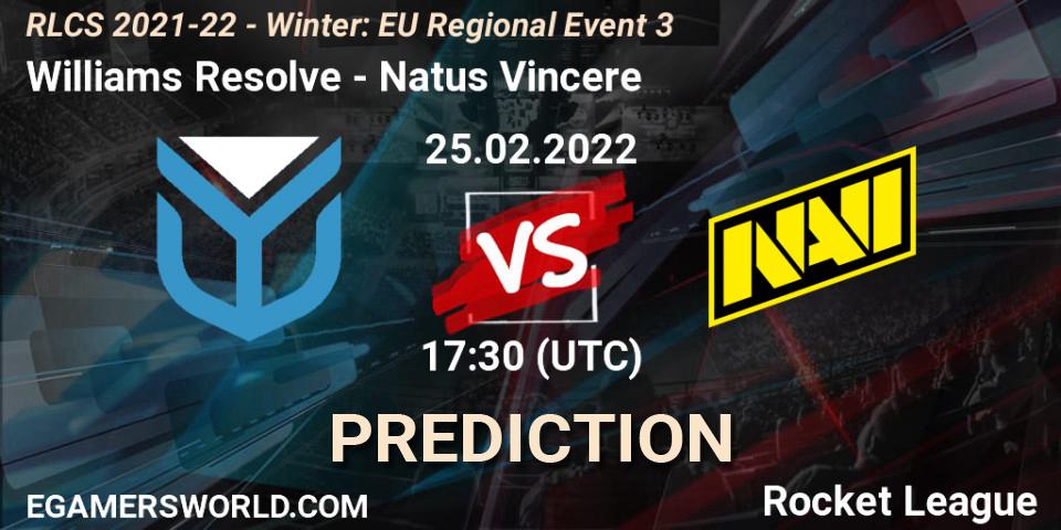 Pronóstico Williams Resolve - Natus Vincere. 25.02.2022 at 17:30, Rocket League, RLCS 2021-22 - Winter: EU Regional Event 3
