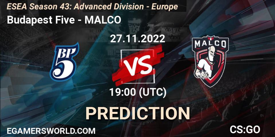 Pronóstico Budapest Five - MALCO. 27.11.22, CS2 (CS:GO), ESEA Season 43: Advanced Division - Europe