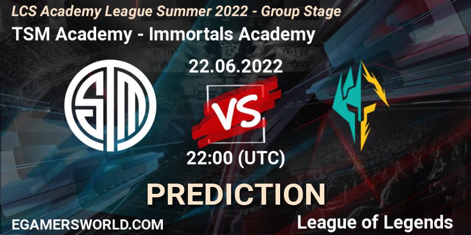 Pronóstico TSM Academy - Immortals Academy. 22.06.2022 at 22:30, LoL, LCS Academy League Summer 2022 - Group Stage