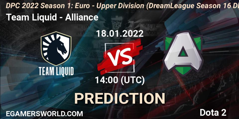 Pronóstico Team Liquid - Alliance. 18.01.2022 at 13:55, Dota 2, DPC 2022 Season 1: Euro - Upper Division (DreamLeague Season 16 DPC WEU)
