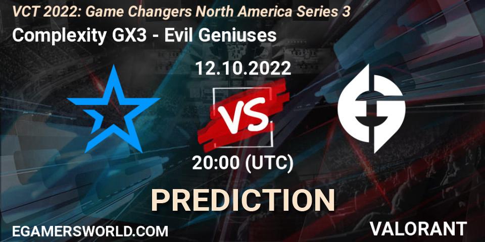 Pronóstico Complexity GX3 - Evil Geniuses. 12.10.2022 at 20:10, VALORANT, VCT 2022: Game Changers North America Series 3