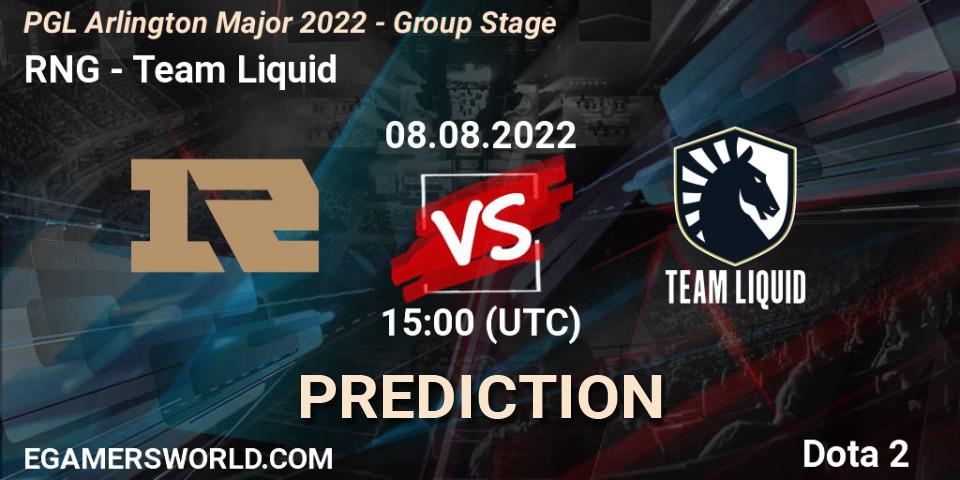 Pronóstico RNG - Team Liquid. 08.08.2022 at 15:00, Dota 2, PGL Arlington Major 2022 - Group Stage