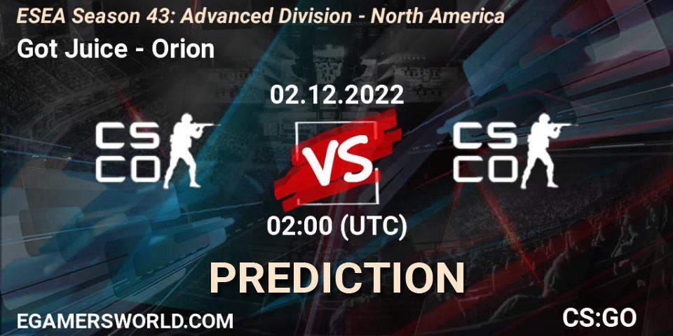 Pronóstico Got Juice - Orion. 02.12.22, CS2 (CS:GO), ESEA Season 43: Advanced Division - North America