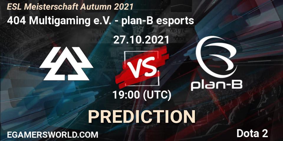 Pronóstico 404 Multigaming e.V. - plan-B esports. 27.10.2021 at 19:01, Dota 2, ESL Meisterschaft Autumn 2021