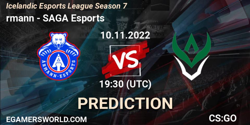Pronóstico Ármann - SAGA Esports. 10.11.2022 at 19:30, Counter-Strike (CS2), Icelandic Esports League Season 7