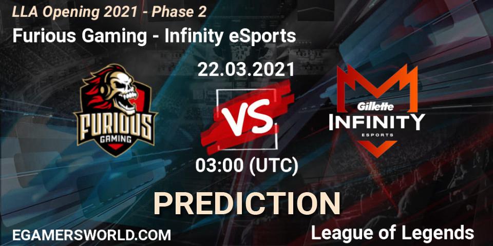 Pronóstico Furious Gaming - Infinity eSports. 22.03.2021 at 03:00, LoL, LLA Opening 2021 - Phase 2