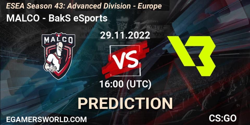 Pronóstico MALCO - BakS eSports. 29.11.22, CS2 (CS:GO), ESEA Season 43: Advanced Division - Europe