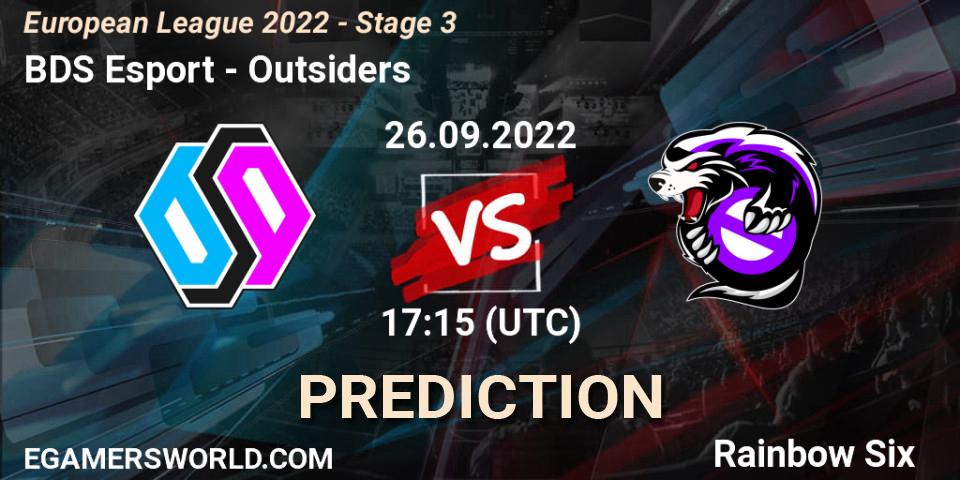 Pronóstico BDS Esport - Outsiders. 26.09.2022 at 17:15, Rainbow Six, European League 2022 - Stage 3