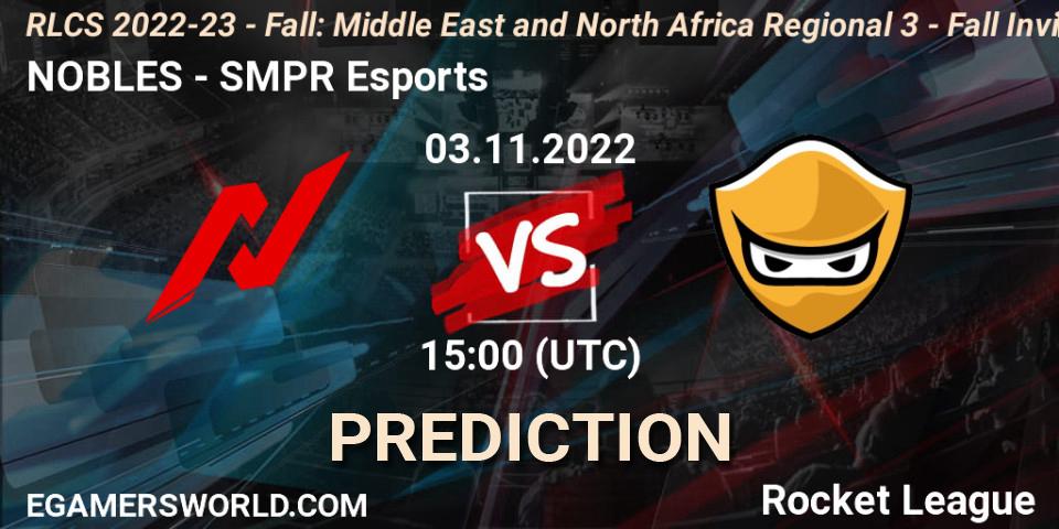 Pronóstico NOBLES - SMPR Esports. 03.11.2022 at 15:00, Rocket League, RLCS 2022-23 - Fall: Middle East and North Africa Regional 3 - Fall Invitational