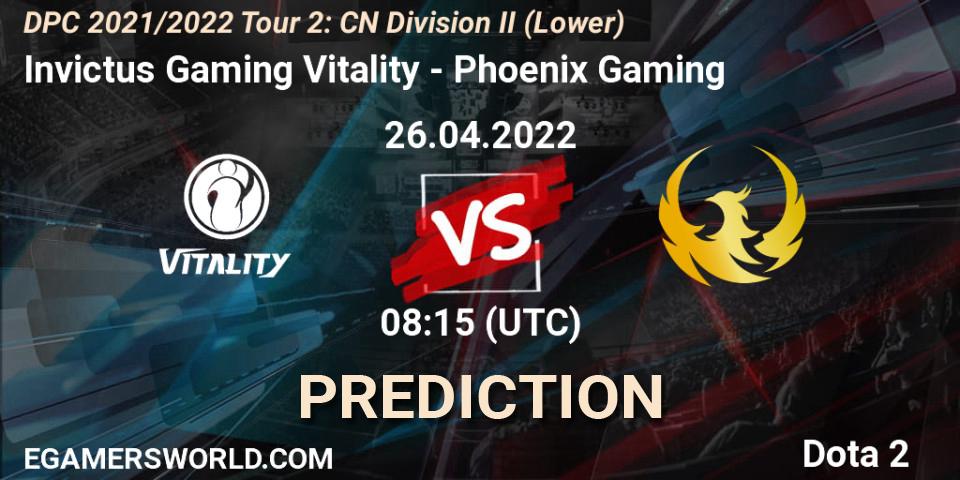 Pronóstico Invictus Gaming Vitality - Phoenix Gaming. 26.04.2022 at 08:22, Dota 2, DPC 2021/2022 Tour 2: CN Division II (Lower)