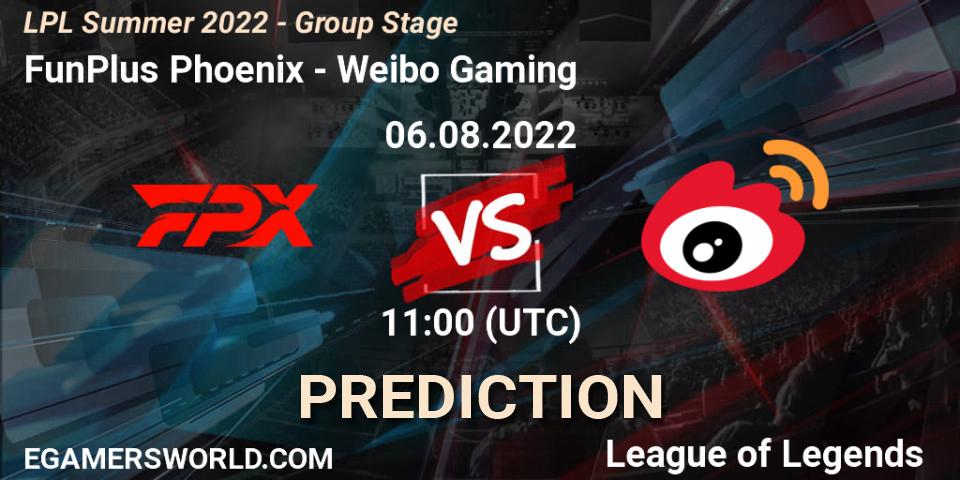 Pronóstico FunPlus Phoenix - Weibo Gaming. 06.08.2022 at 12:00, LoL, LPL Summer 2022 - Group Stage