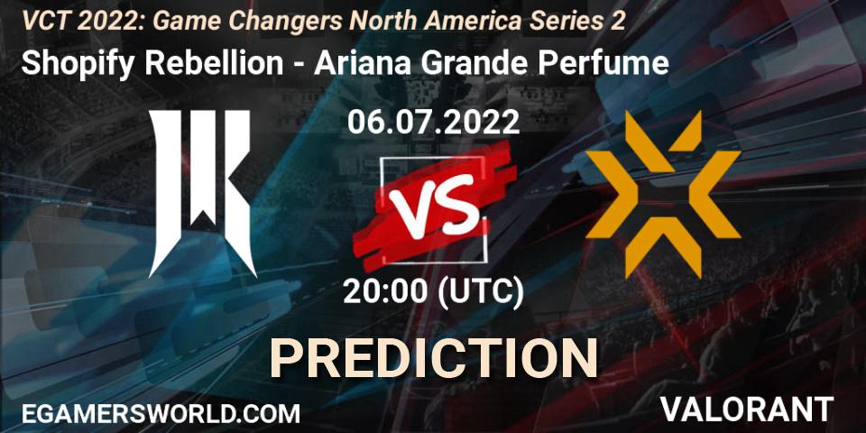 Pronóstico Shopify Rebellion - Ariana Grande Perfume. 06.07.2022 at 20:10, VALORANT, VCT 2022: Game Changers North America Series 2