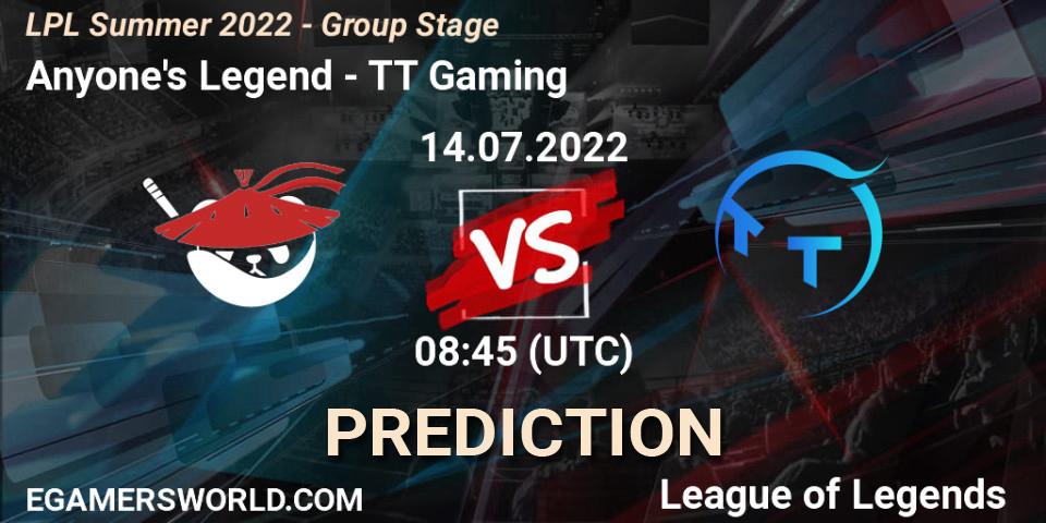 Pronóstico Anyone's Legend - TT Gaming. 14.07.2022 at 09:00, LoL, LPL Summer 2022 - Group Stage