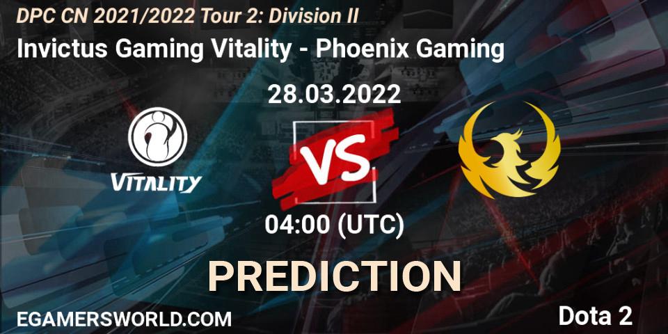 Pronóstico Invictus Gaming Vitality - Phoenix Gaming. 28.03.2022 at 04:04, Dota 2, DPC 2021/2022 Tour 2: CN Division II (Lower)