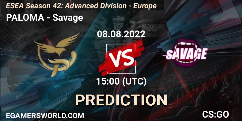 Pronóstico PALOMA - Savage. 08.08.2022 at 15:00, Counter-Strike (CS2), ESEA Season 42: Advanced Division - Europe